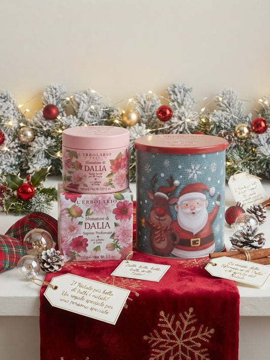 L’Erbolario Sfumature di Dalia – Set regalo scrub e sapone con scatola natalizia 🎄